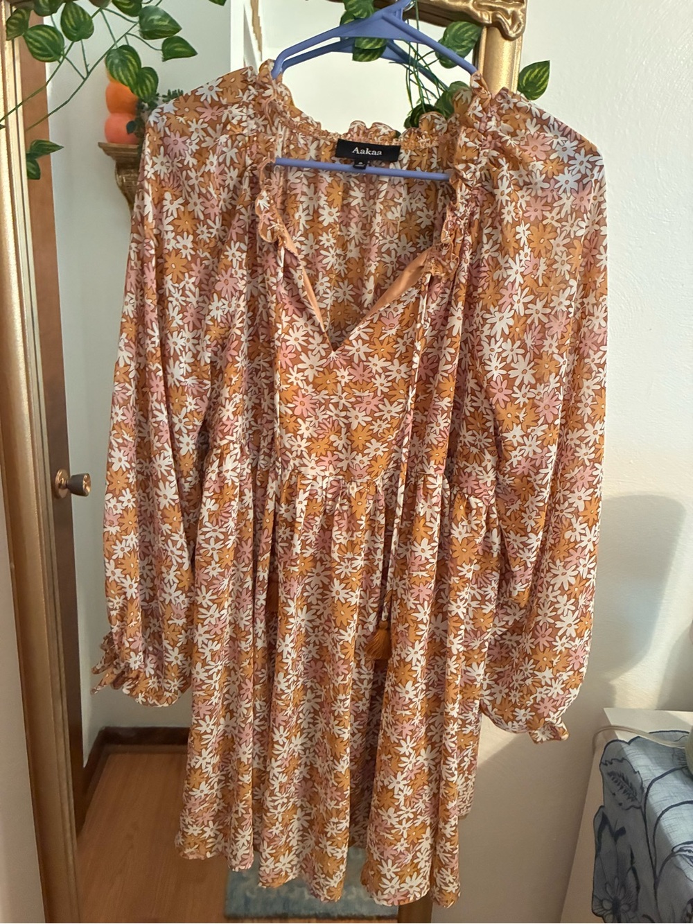 Aakaa Floral Ruffle Neck Long Sleeve Dress in Mustard and Pink